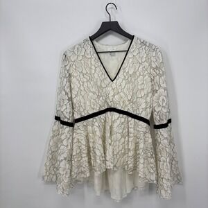 Venus Lace Bell Sleeve Peplum Blouse Womens 10 Ivory Velvet Black Trim V Neck